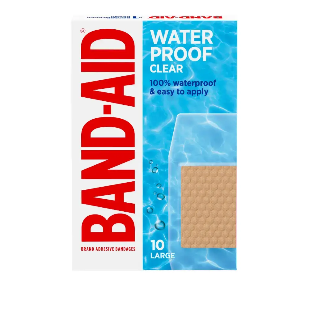 Band-Aid Brand Waterproof Clear bandages. 10 big ones. 100% waterproof.
