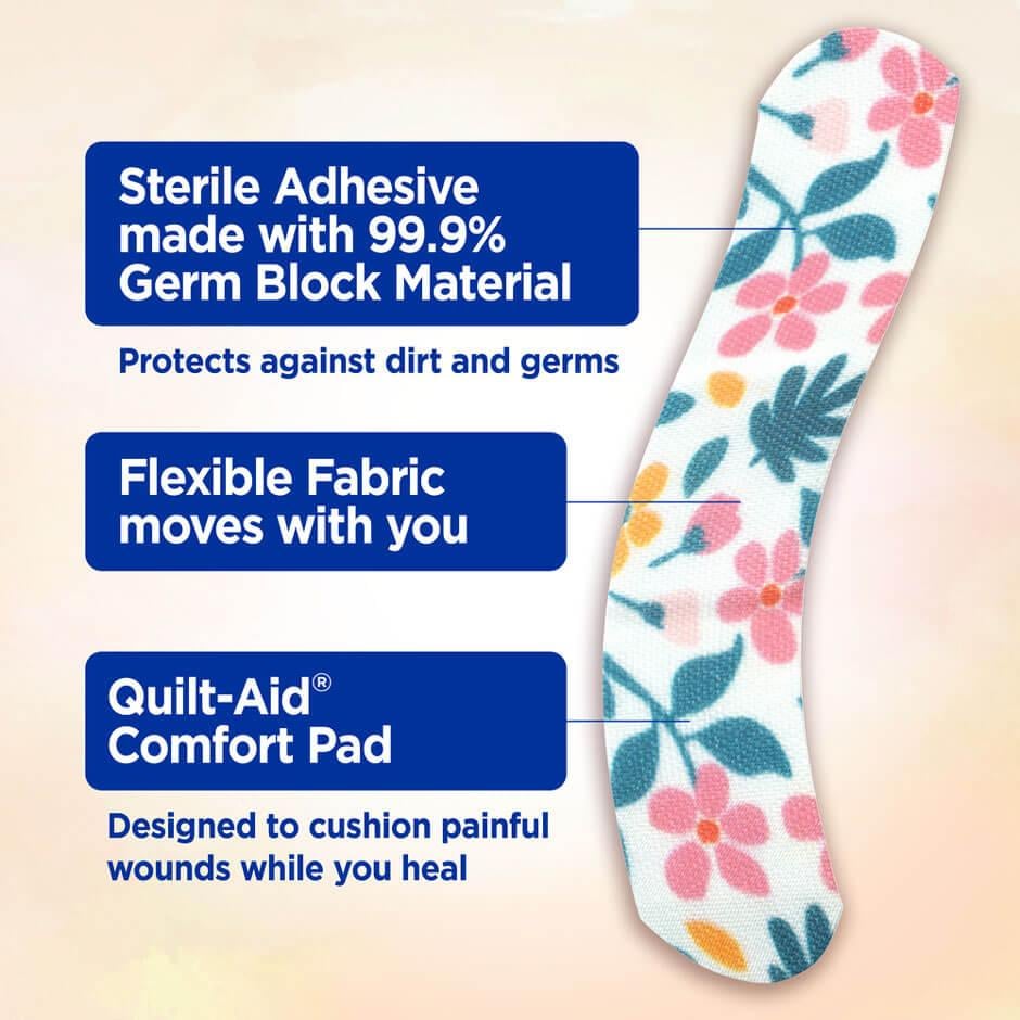 These bandages are made with a sterile adhesive, flexible fabric, and a quilt-aid comfort pad