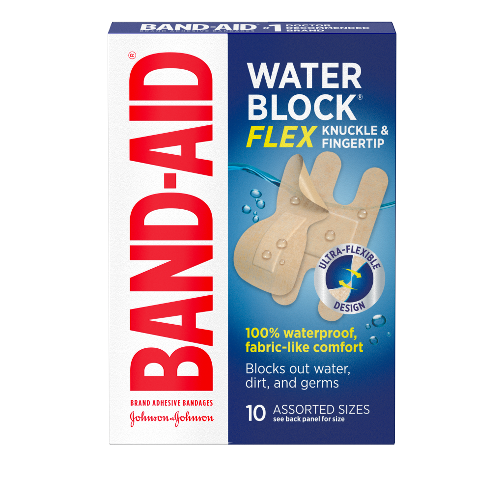 Box of BAND-AID Water Block Flex knuckle & fingertip bandages, 10 assorted sizes. Features 100% waterproof, fabric-like comfort, and ultra-flexible design. Blocks out water, dirt, and germs.