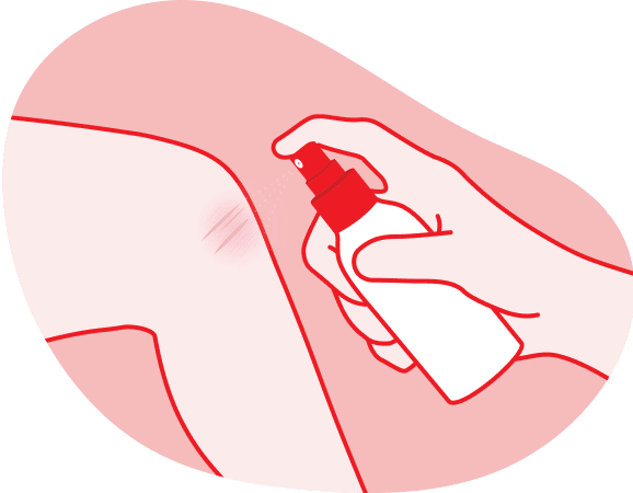 The image shows a hand applying antiseptic spray to a small wound on a leg, emphasizing the importance of proper wound cleaning to prevent infection.