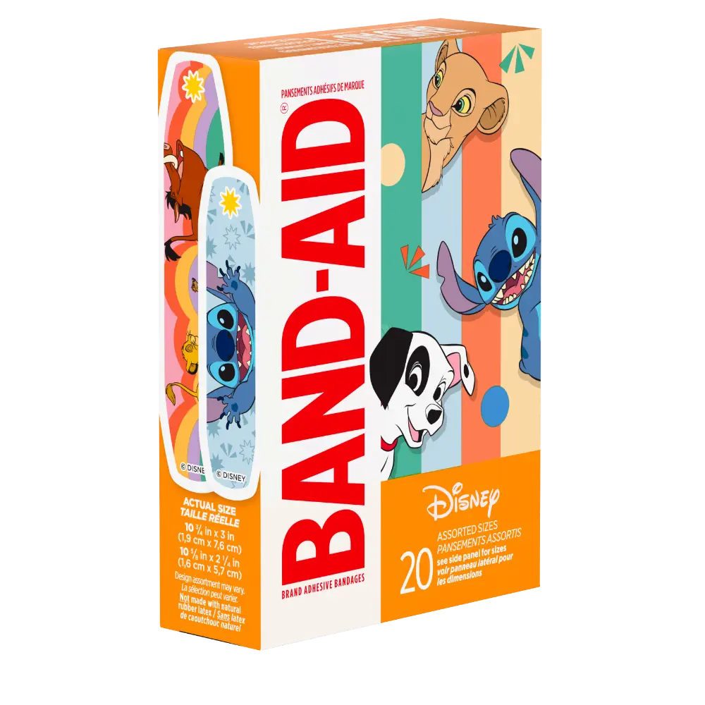 a box of 20 Band-Aid ®  brand adhesive bandages, each one tribute to Simba from The Lion King, Stitch from Lilo & Stitch, and Pongo from 101 Dalmatians