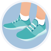 Illustration of feet wearing teal running shoes and white socks, emphasizing proper footwear to prevent blisters on the soles of feet.