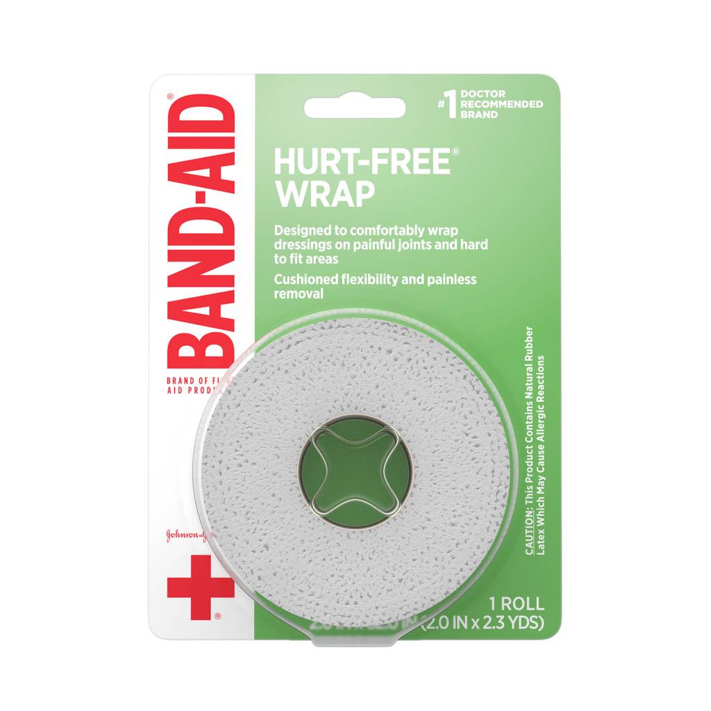 Band-Aid Hurt-Free Wrap designed for comfortable wrapping of dressings on painful joints and hard-to-fit areas. The packaging highlights that it provides cushioned flexibility and painless removal.