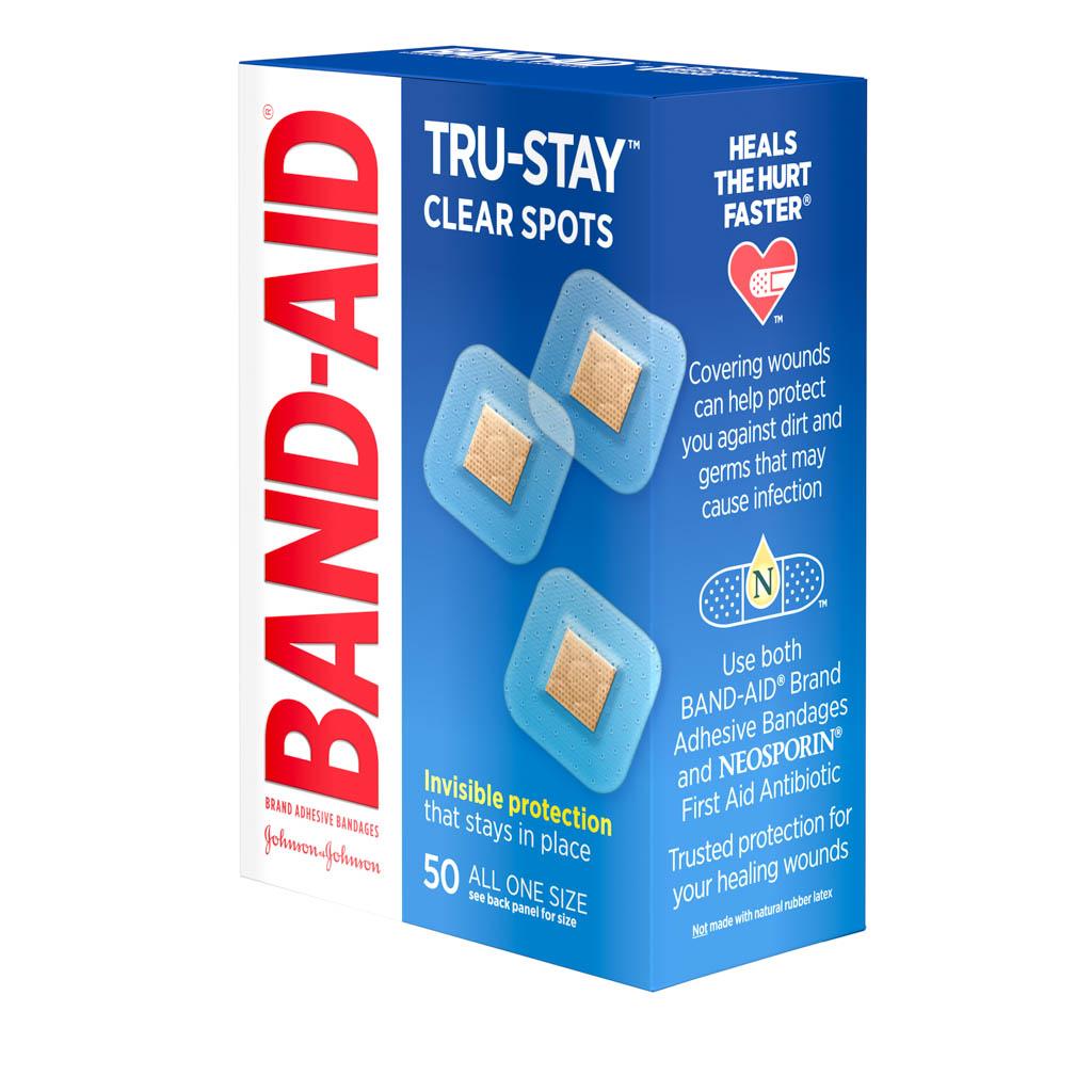 Band-Aid Tru-Stay Clear Spots box with 50 adhesive bandages, all in one size. It offers invisible protection, supports healing, and protects against dirt and germs.