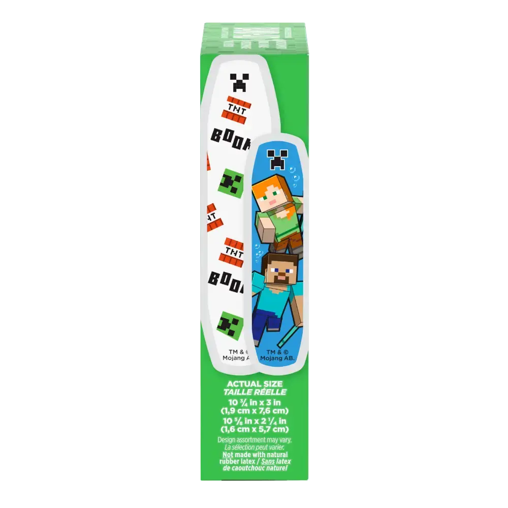 Behold, a profile shot of Minecraft bandages. A green box, decked with images of Steve and Alex, houses these 10 3/8 inches by 3 inches and 10 5/8 inches by 2 1/4 inches, latex-free strips.