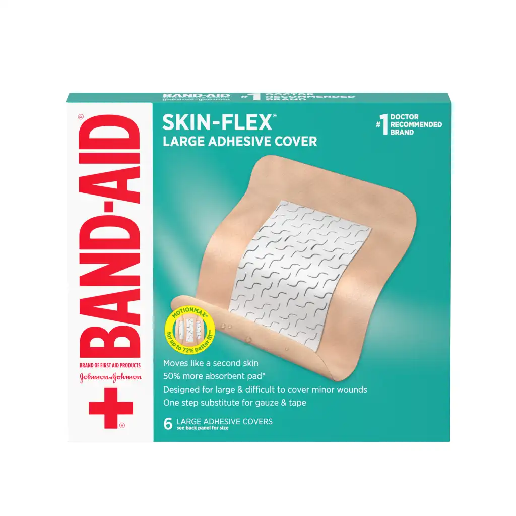 Band-Aid Skin-Flex Large Adhesive Cover box with six covers, 50% more absorbent pad, moves like second skin, designed for large and difficult-to-cover wounds. Substitute for gauze and tape. Number one doctor-recommended brand.