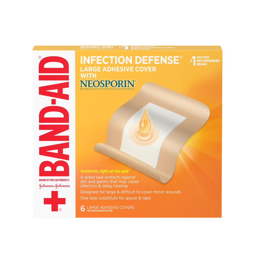 Band-Aid Infection Defense large adhesive covers with Neosporin, 6-count. Features antibiotic ointment, 4-sided seal to protect from dirt and germs, aids infection prevention and healing, for large and difficult-to-cover wounds. Doctor recommended brand.