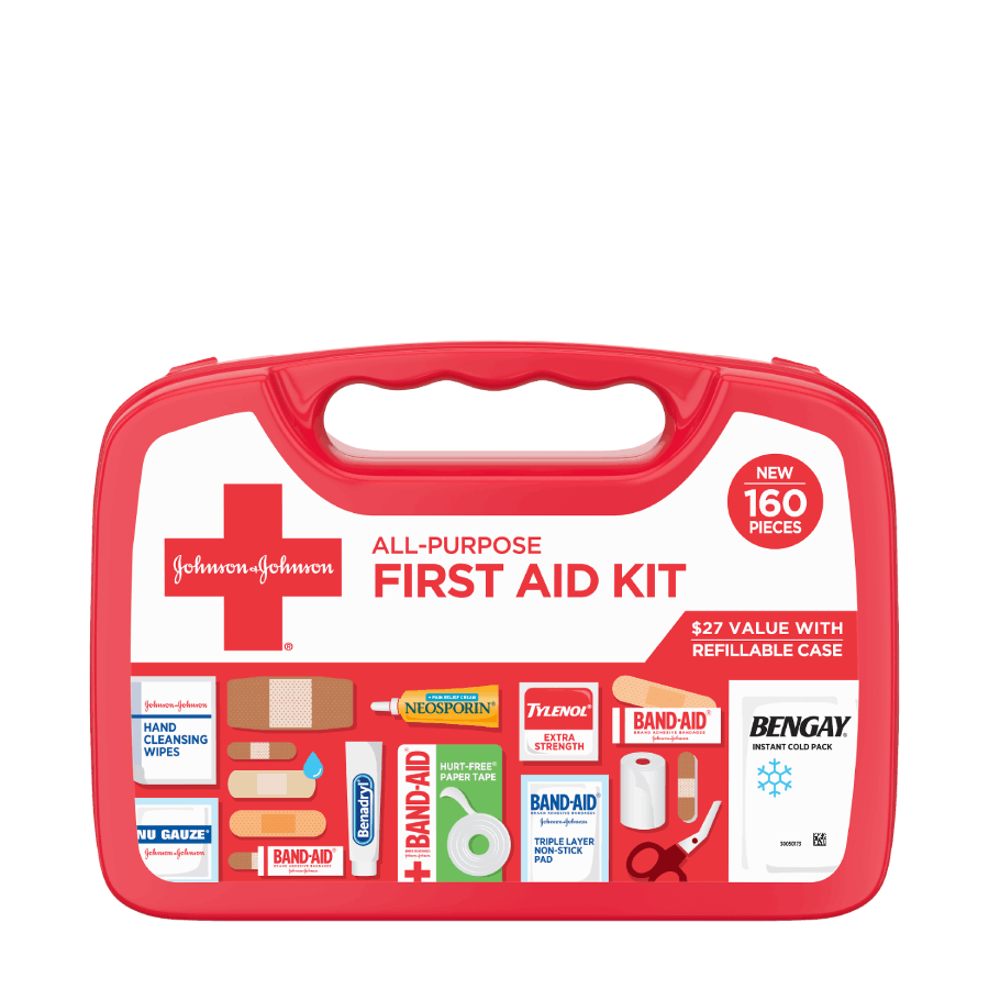 Red Band-Aid Brand all-purpose first aid kit containing 160 pieces, including Band-Aid bandages, Neosporin, Tylenol, Bengay, and first aid essentials in a refillable case