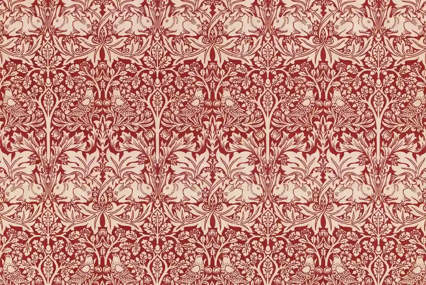 Intricate red and cream floral pattern with rabbits and birds, designed by William Morris, showcasing his signature Arts and Crafts style.