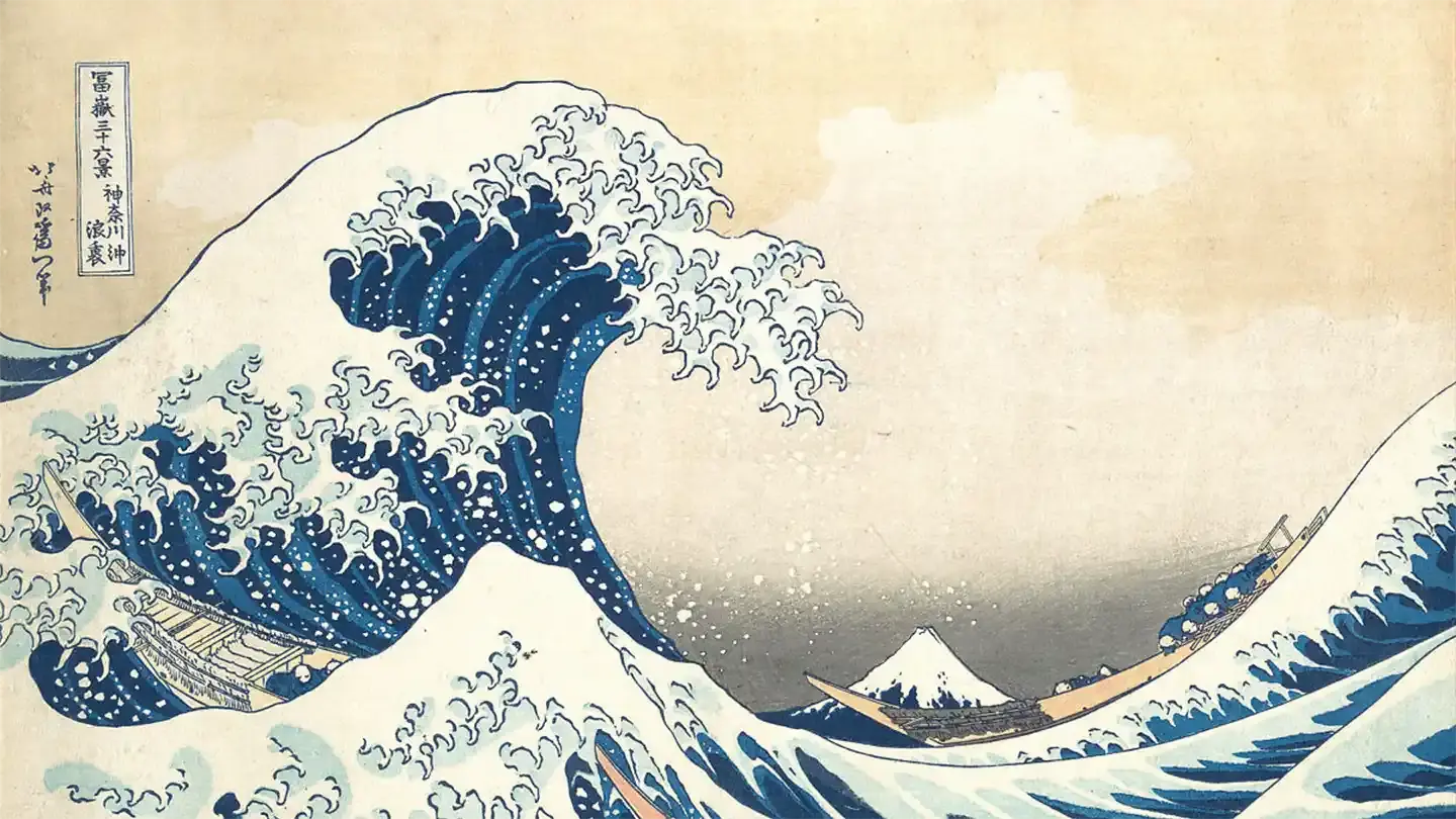 The Great Wave off Kanagawa" by Hokusai, a famous Japanese woodblock print featuring a massive wave crashing over boats, with Mount Fuji in the background and bold blue and white colors.  