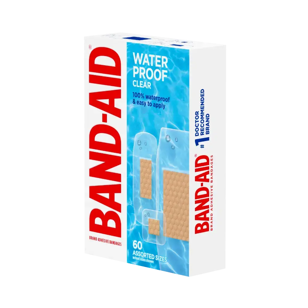 Box of Band-Aid Brand Water Proof Clear Adhesive Bandages in 60 assorted sizes. It's the brand doctors recommend, so you can trust it's a great choice for you.