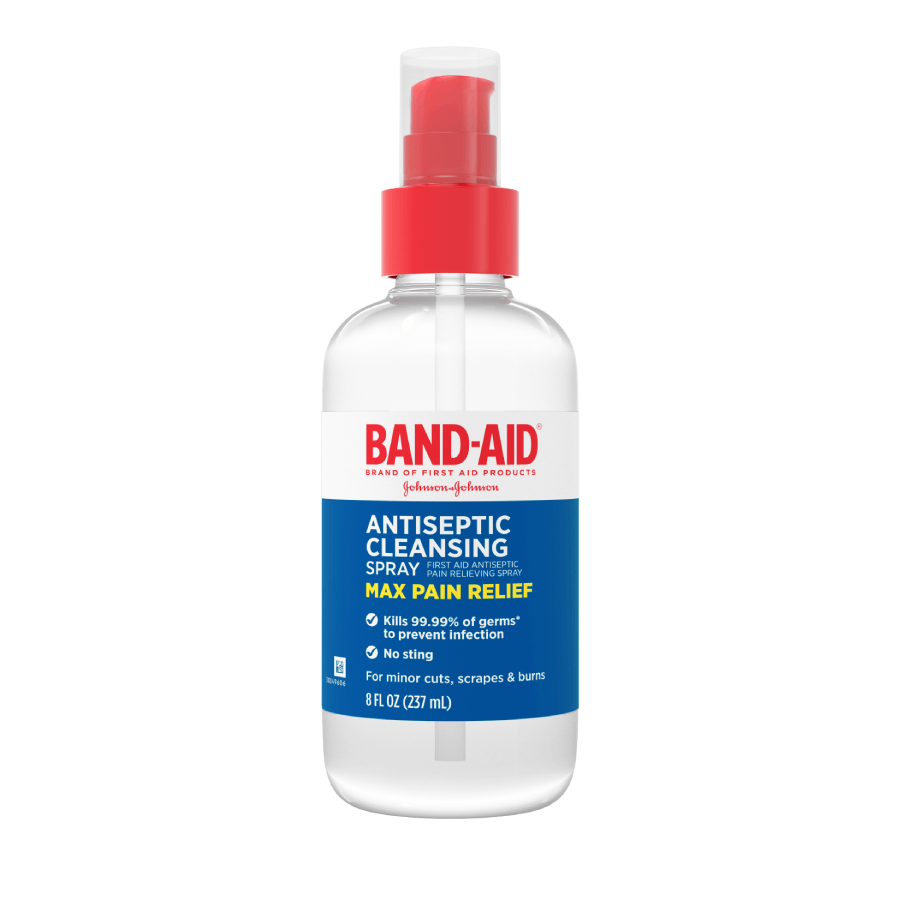 Band-Aid antiseptic cleansing spray bottle with MAX PAIN RELIEF label, 8 fl oz (237 ml), kills 99.99% of germs, no sting, for minor cuts, scrapes, and burns.