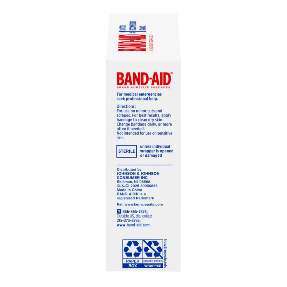 On the flip side of a Band-Aid box, you'll find details on application, cautions for sensitive skin, sterilization info, and contact info for Johnson & Johnson Consumer Inc. Recycling symbols for the box and wrapper are proudly displayed as well.