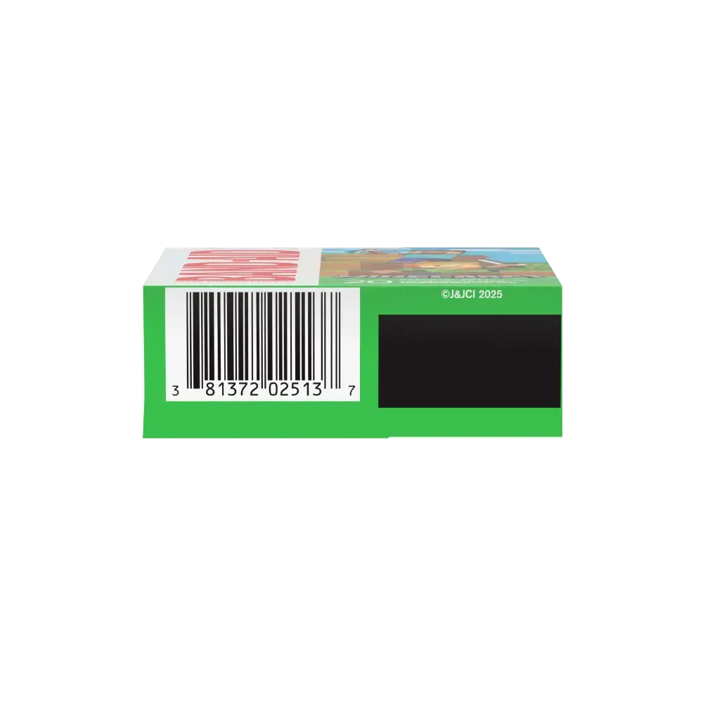 A close-up of a green box's rear, with a barcode, product details, and the copyright '©J&JCI 2025'.