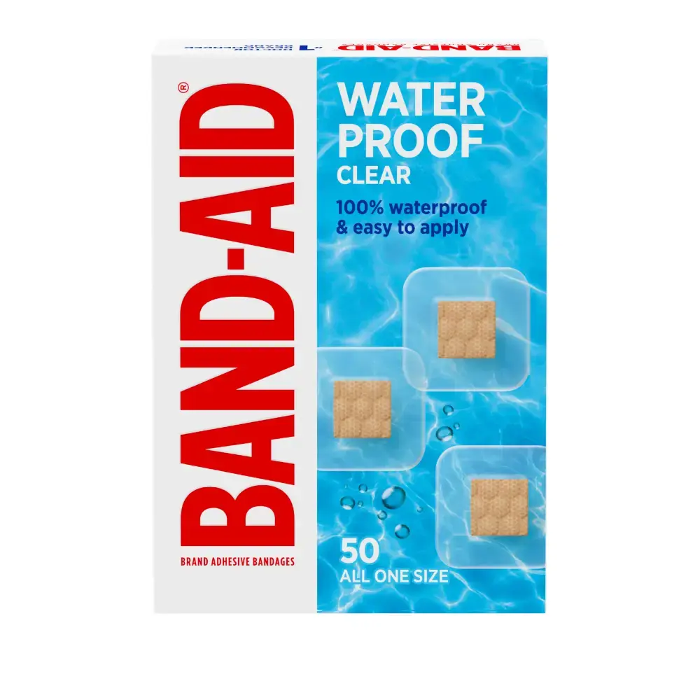 You're looking at a 50-count of Band-Aid Brand Water Proof Clear adhesive bandages. The box is a classic blue and white, and it's shouting out that these are 100% waterproof and a breeze to apply.