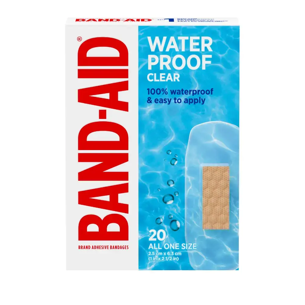 A 20-piece treasure trove of Band-Aid Brand Water Proof Clear bandages, all one size (1 inch x 2 1/2 inches) and boasting 100% waterproof protection and a breeze to apply.