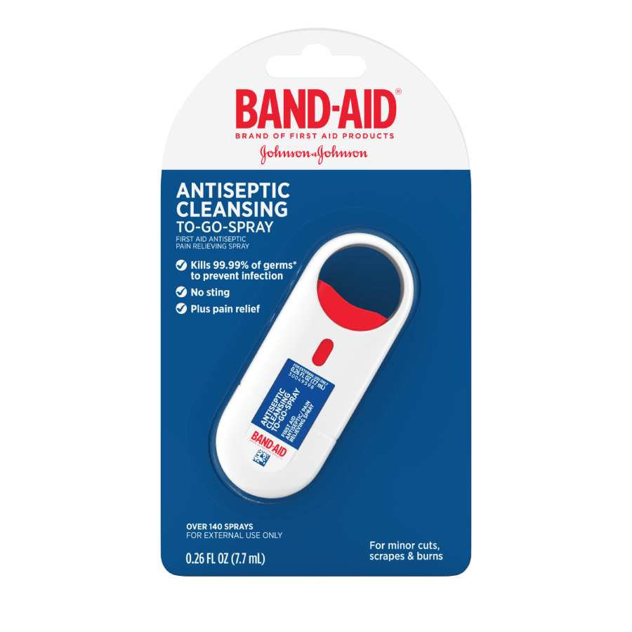 Band-Aid Brand Antiseptic Cleansing To-Go-Spray by Johnson & Johnson, kills 99.99% of germs, no sting, and provides pain relief. Contains 7.7 mL (0.26 fl oz) for minor cuts, scrapes, and burns.