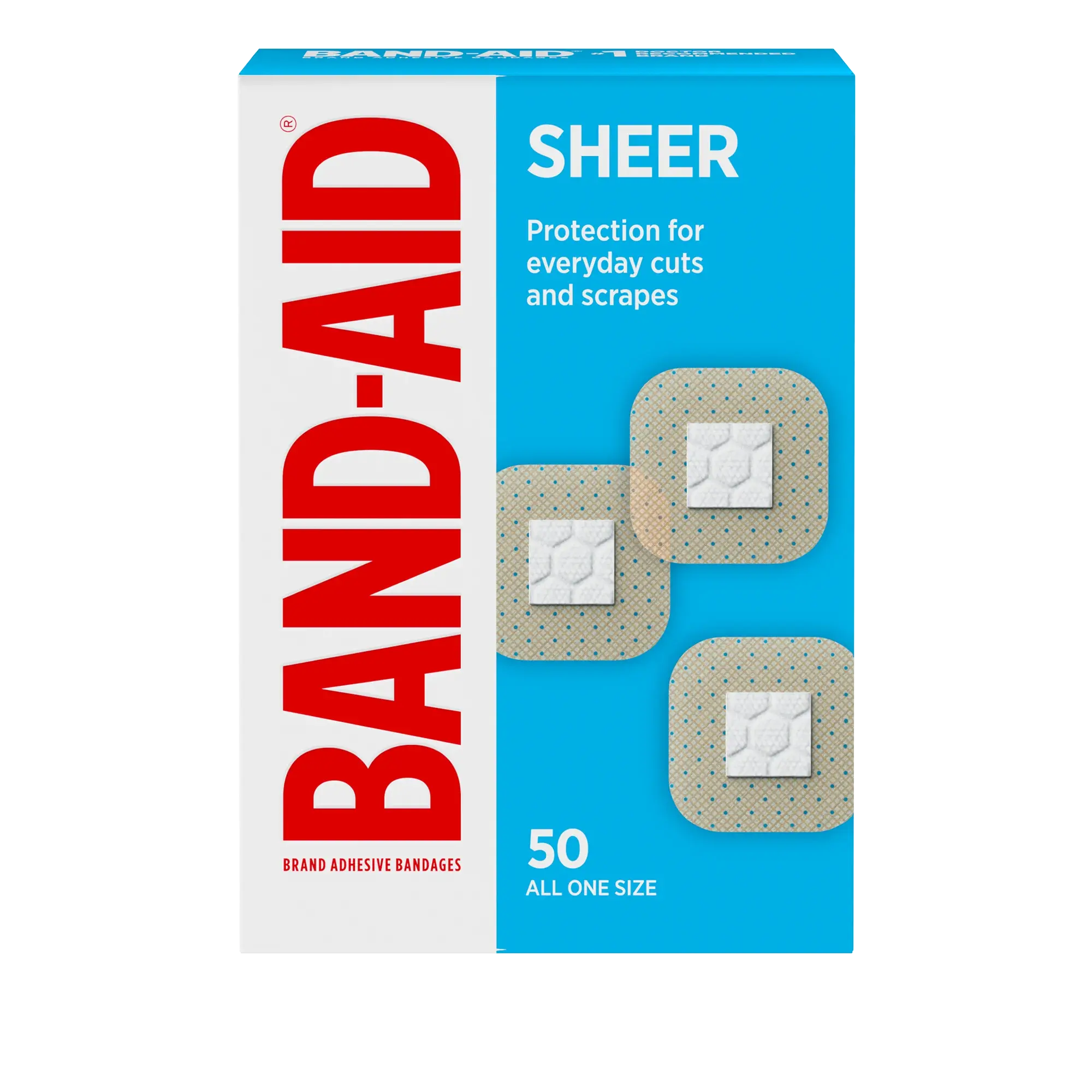 Front pack shot of BAND-AID® Brand Adhesive Bandages, Sheer Spot 50ct