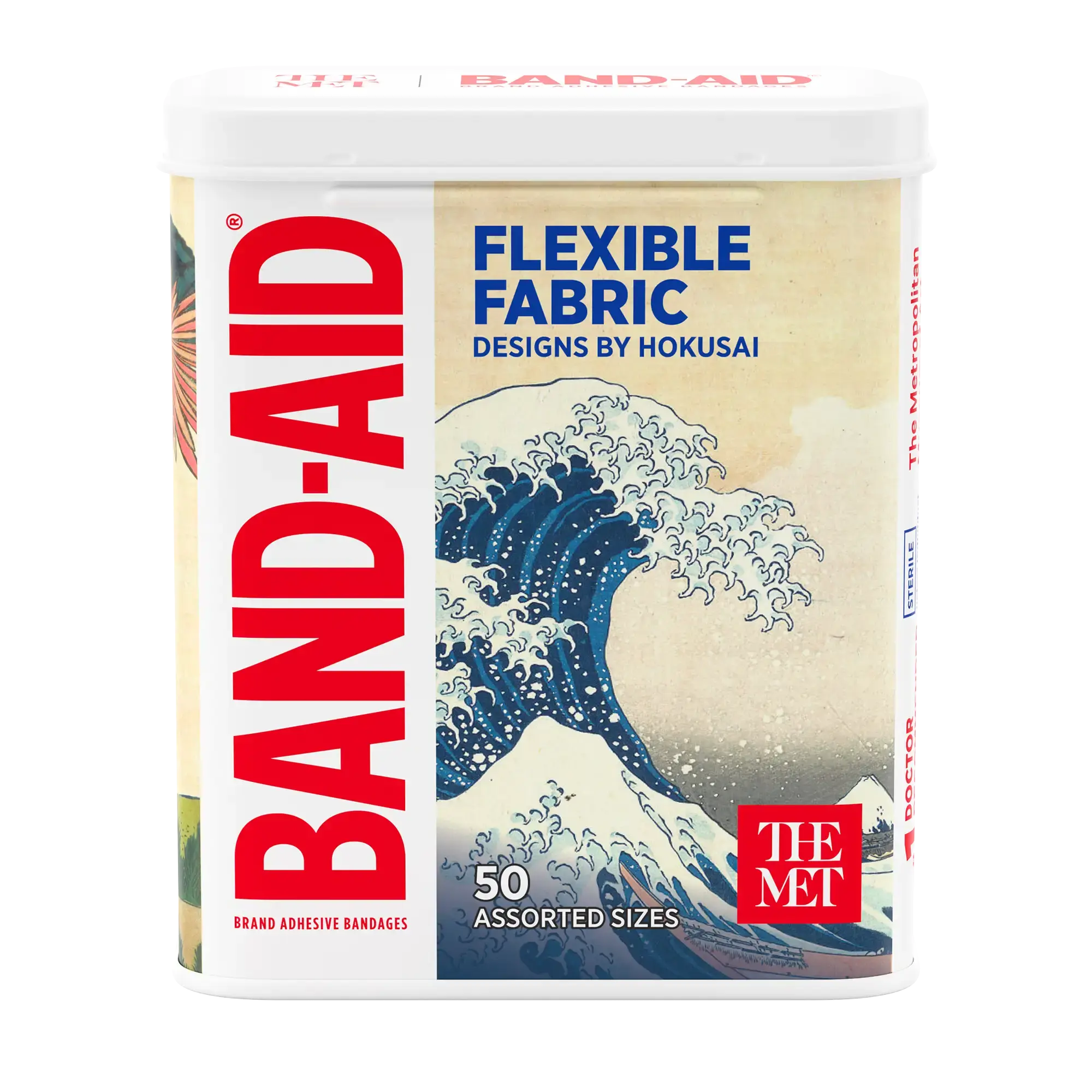 Front pack shot of BAND-AID® Brand Adhesive Bandages, Designs by Hokusai, Assorted 50 ct