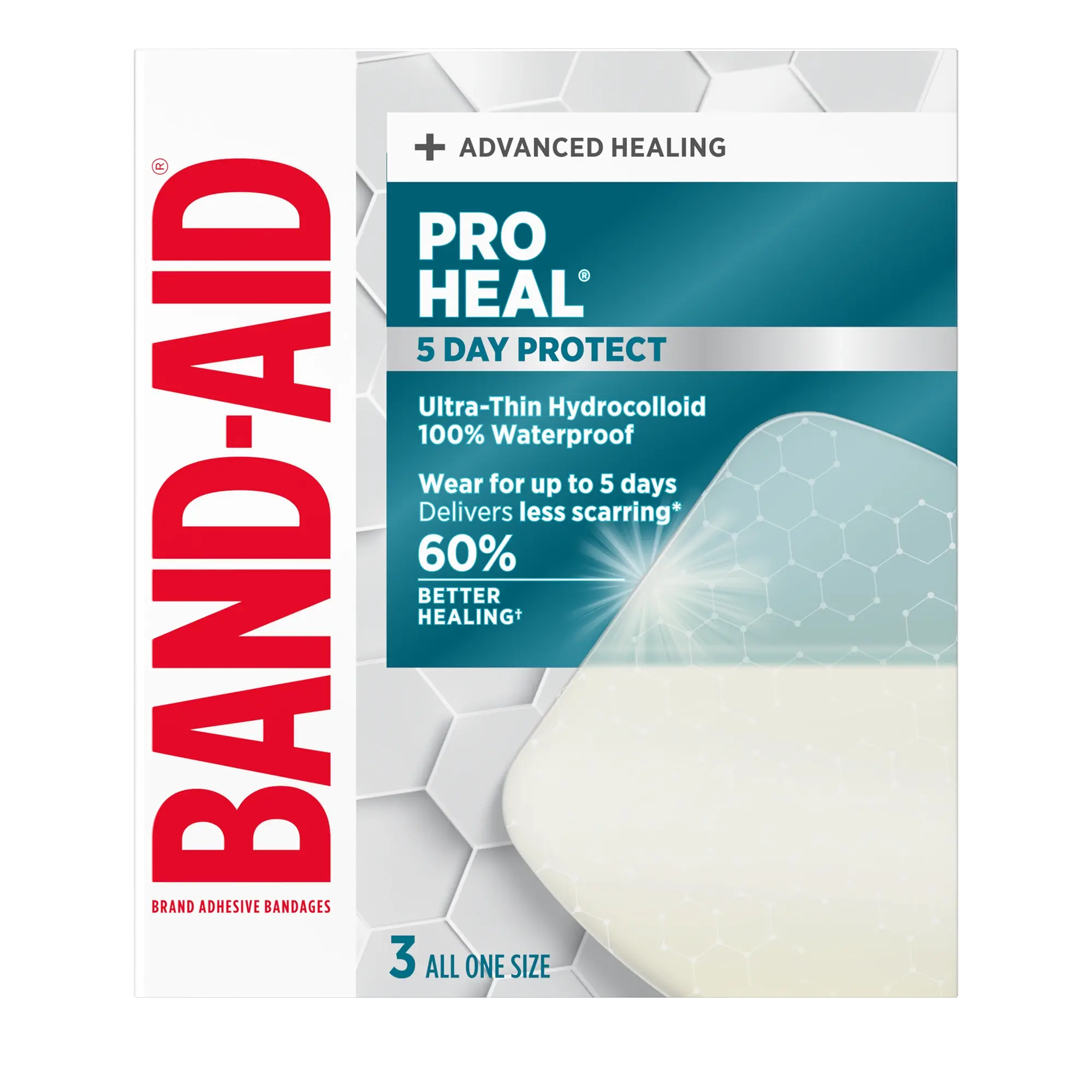 Front Pack shot of BAND-AID® Brand PRO HEAL® Adhesive Bandages 5 Day Protect Jumbo 3ct