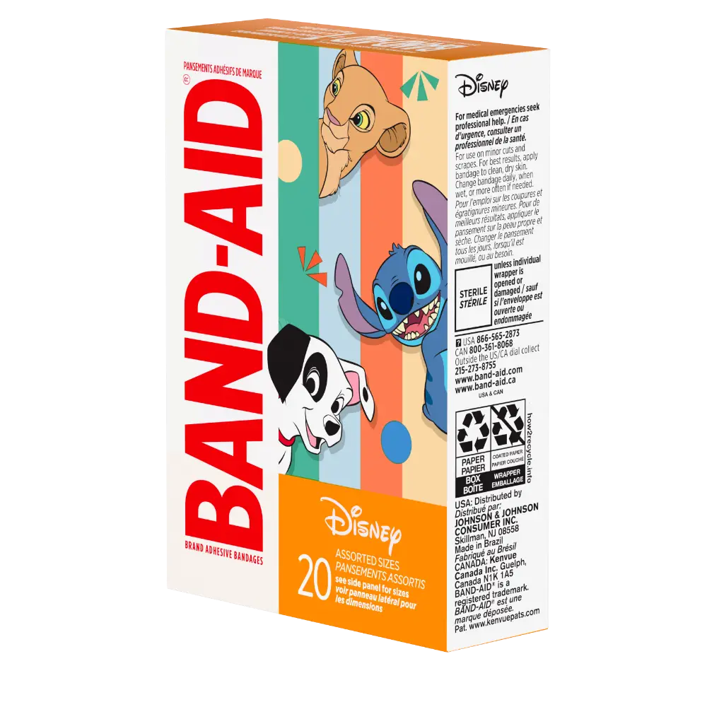 a box of 20 Band-Aid ®  brand adhesive bandages, each one tribute to Simba from The Lion King, Stitch from Lilo & Stitch, and Pongo from 101 Dalmatians