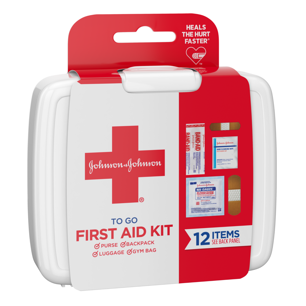 Image of a portable Band-Aid first aid kit, suitable for purse, backpack, luggage, or gym bag. The kit contains 12 items.