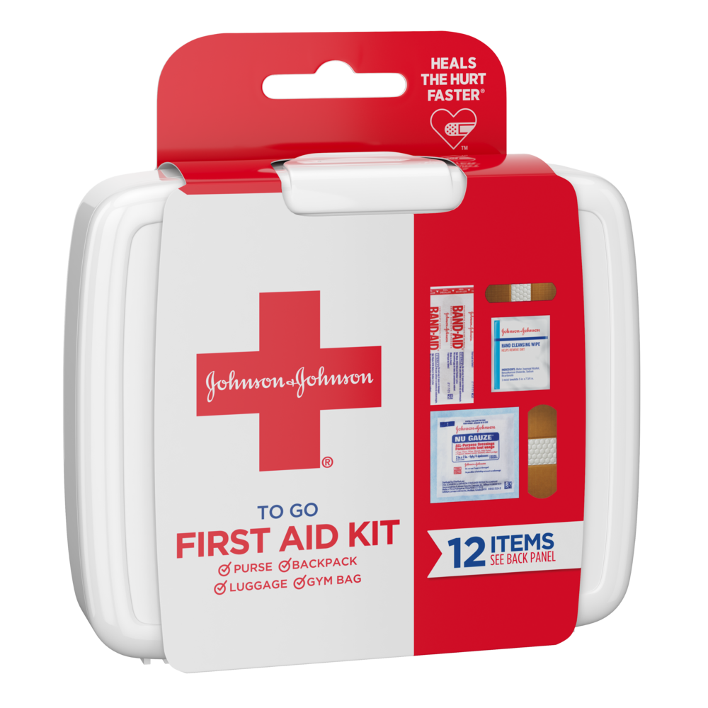 Image of a portable Band-Aid first aid kit, suitable for purse, backpack, luggage, or gym bag. The kit contains 12 items.
