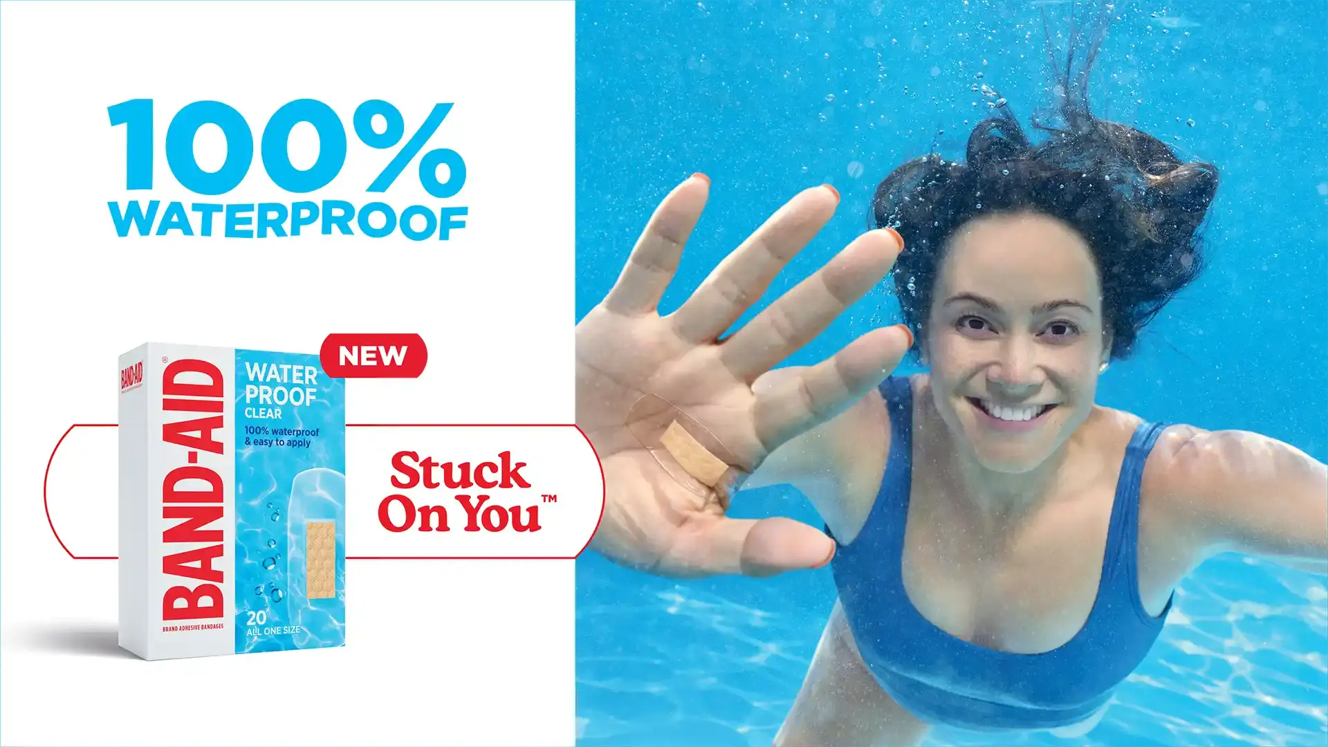 A person underwater with their hand raised, showcasing a Band-Aid waterproof bandage on their arm. The image highlights the text '100% WATERPROOF' and promotes the new Band-Aid Waterproof Clear product.