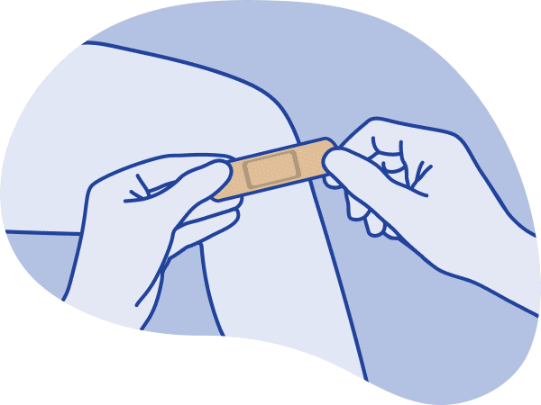 Illustration of a person applying an adhesive bandage to a minor cut on their knee, demonstrating proper wound care to prevent infection.