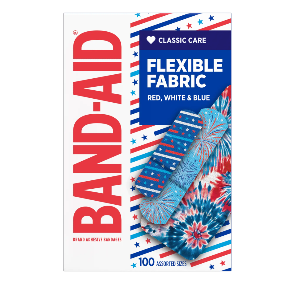 Front pack shot of BAND-AID® Brand Flexible Fabric Stars n Stripes Tin 100ct