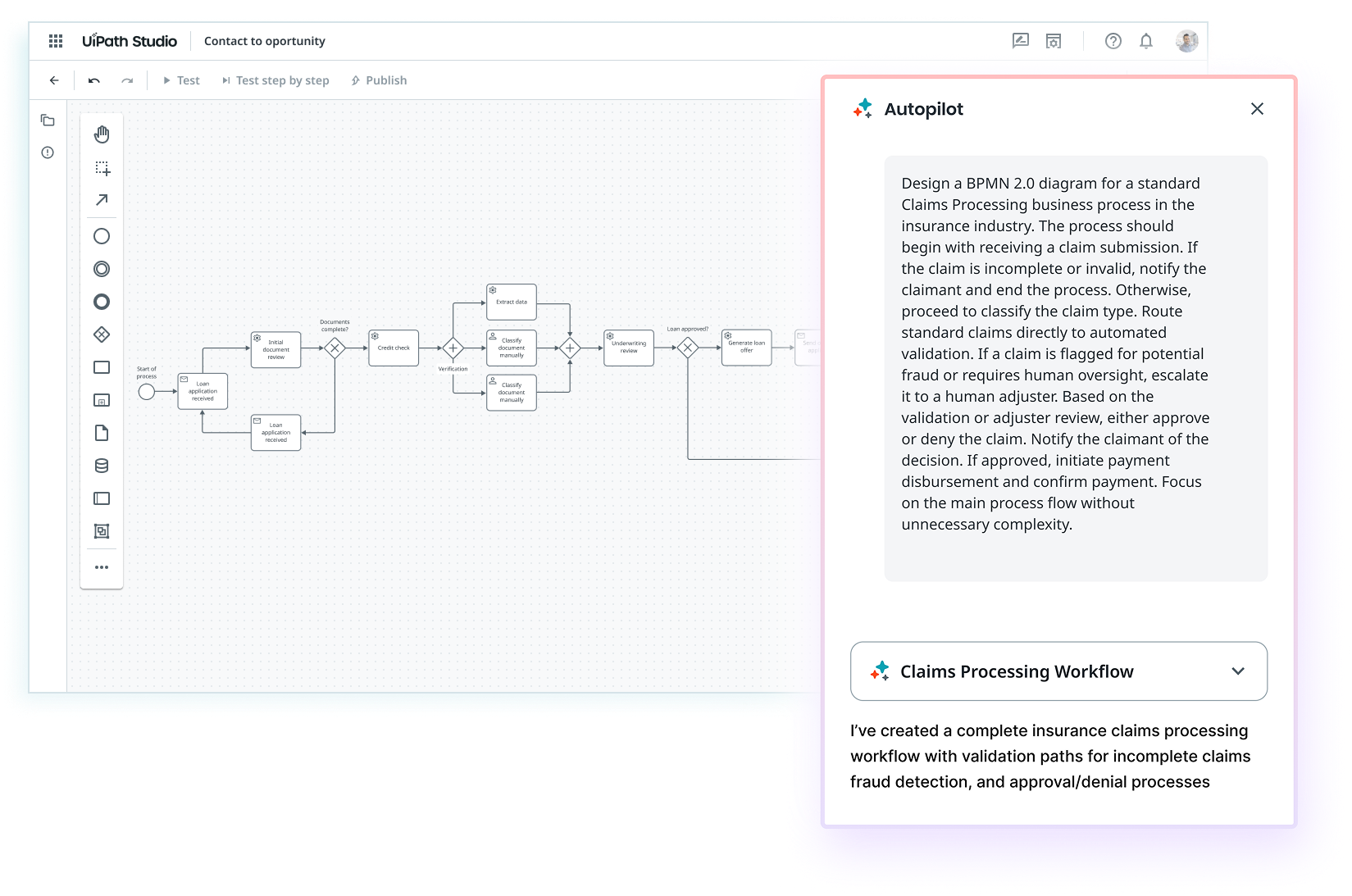 UiPath Studioで保険請求のBPMN工程を編集する画面