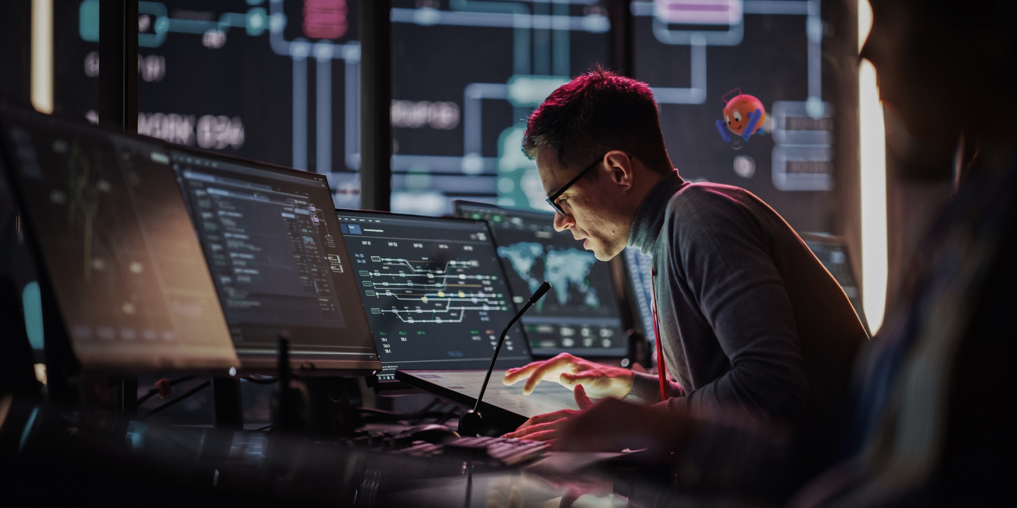 developer testing autonomous workflows on multiple screens in high-tech workspace editorial photography