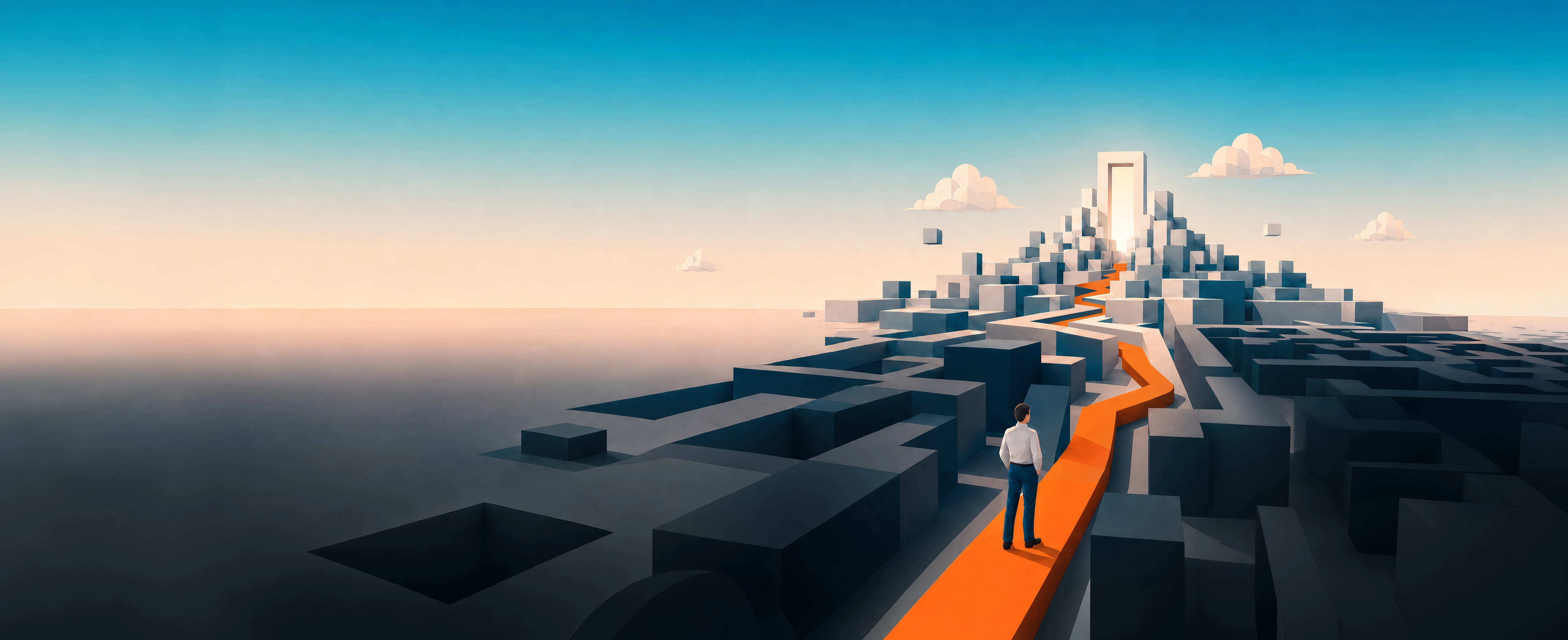 A lone figure stands on a wide orange path crossing a dark field of blocks toward a glowing gateway on the horizon.