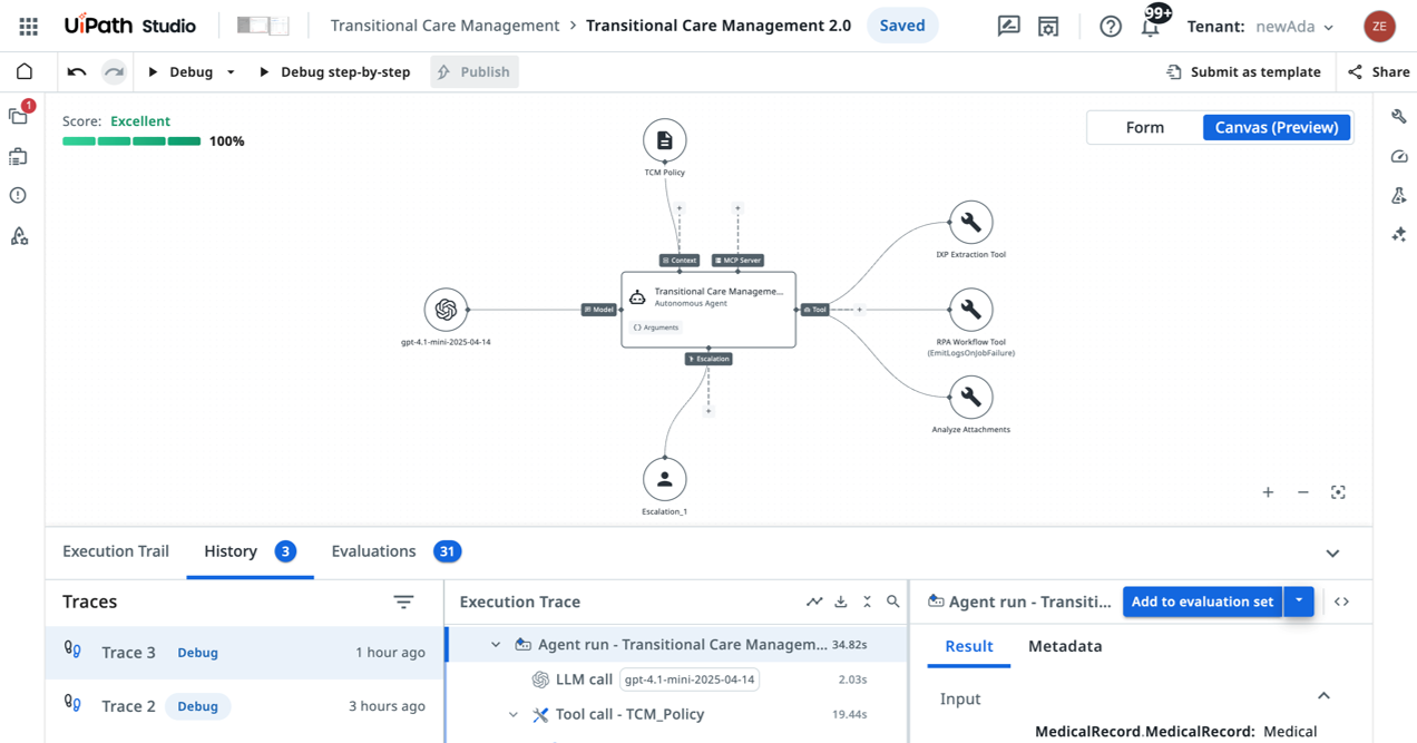 UiPath Studioでエージェントの構成と実行履歴を確認する画面