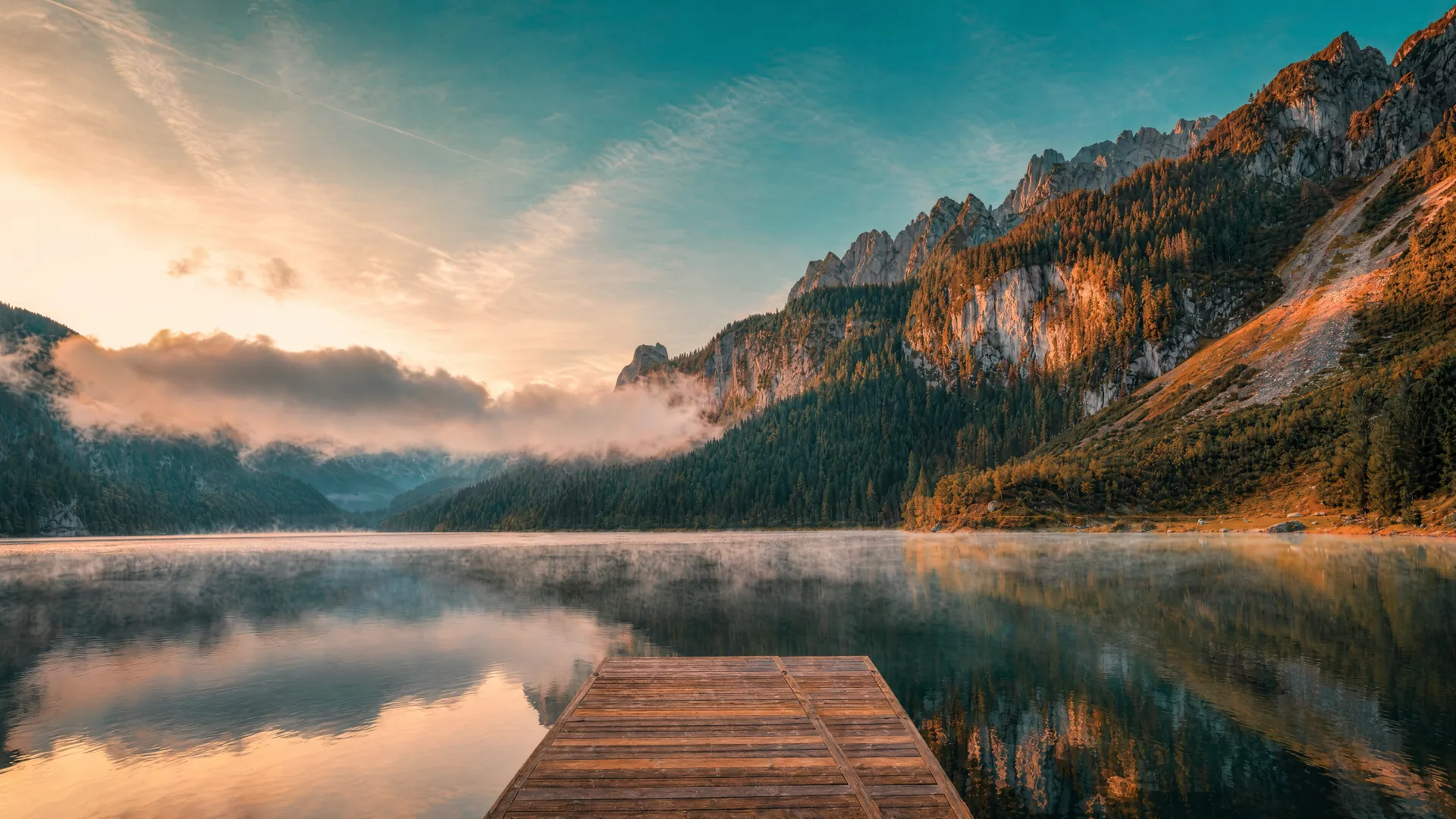 wooden dock mountain lake