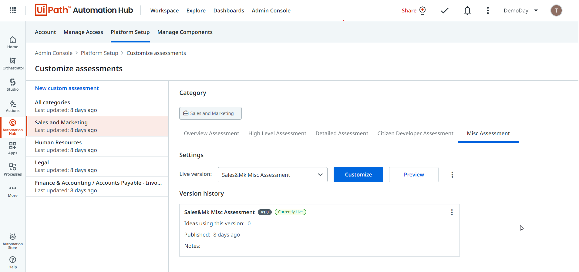 uipath automation hub customize assessment by category