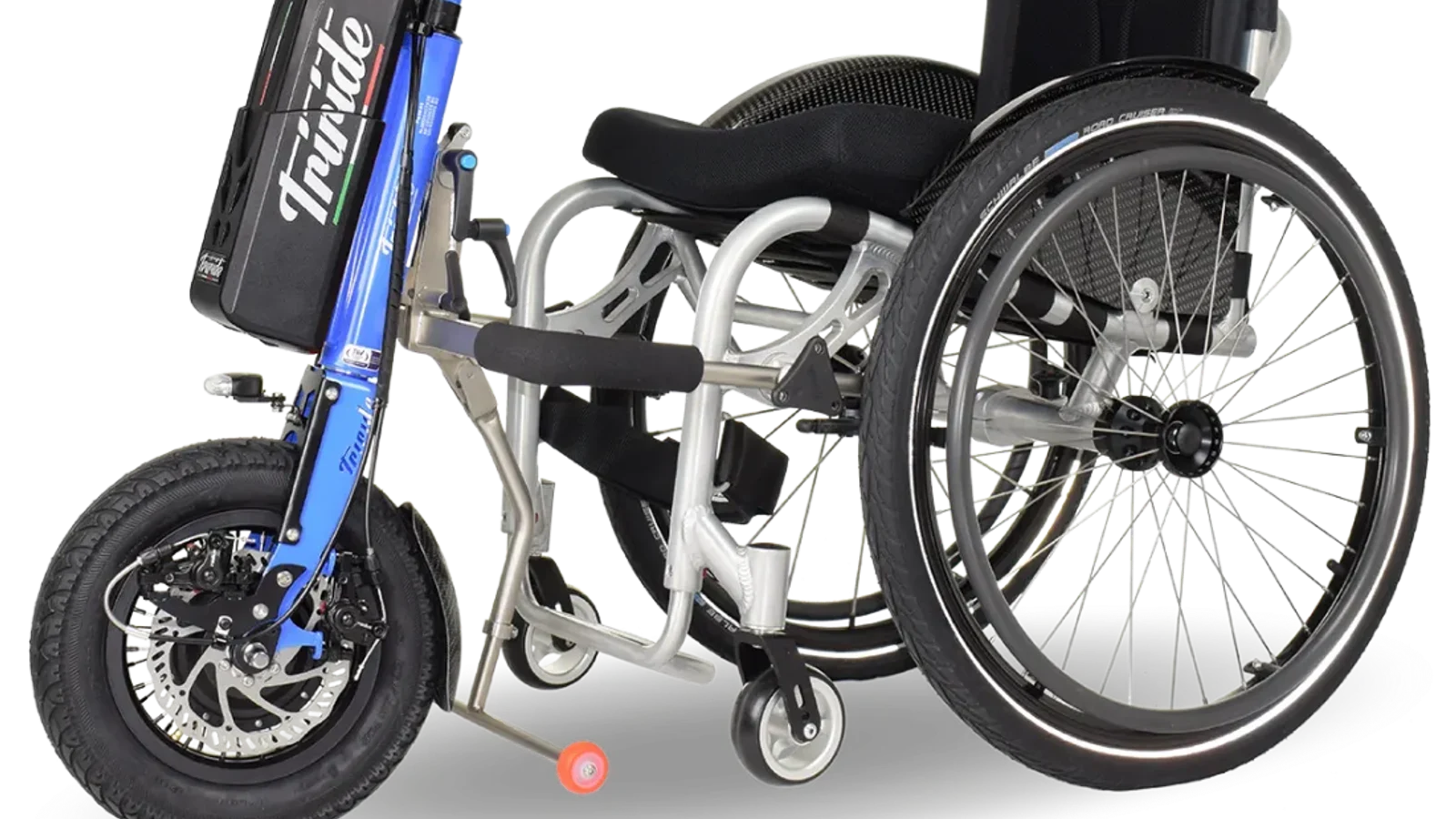 A blue Triride power assist attached to the front of a manual wheelchair.