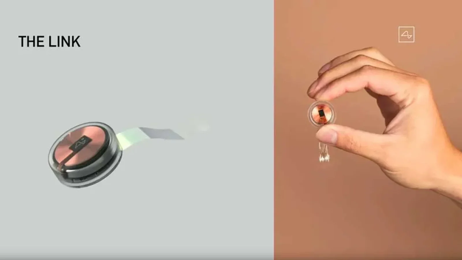 Two views of the Neuralink Link implant, including the device held between two fingers.