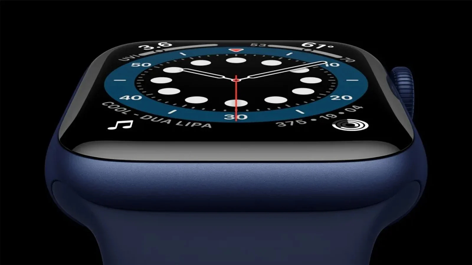 Close view of a blue Apple Watch displaying an analog watch face.