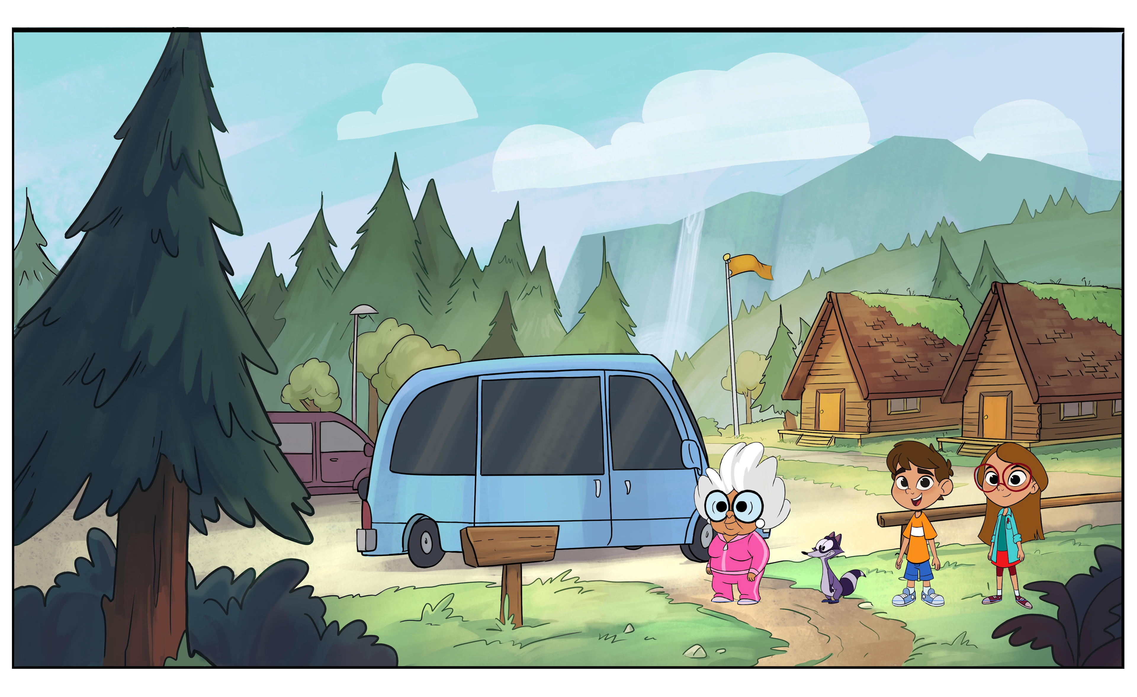 Grandma, her pet raccoon, and twins Ethan and Emily Tuttle at a campground