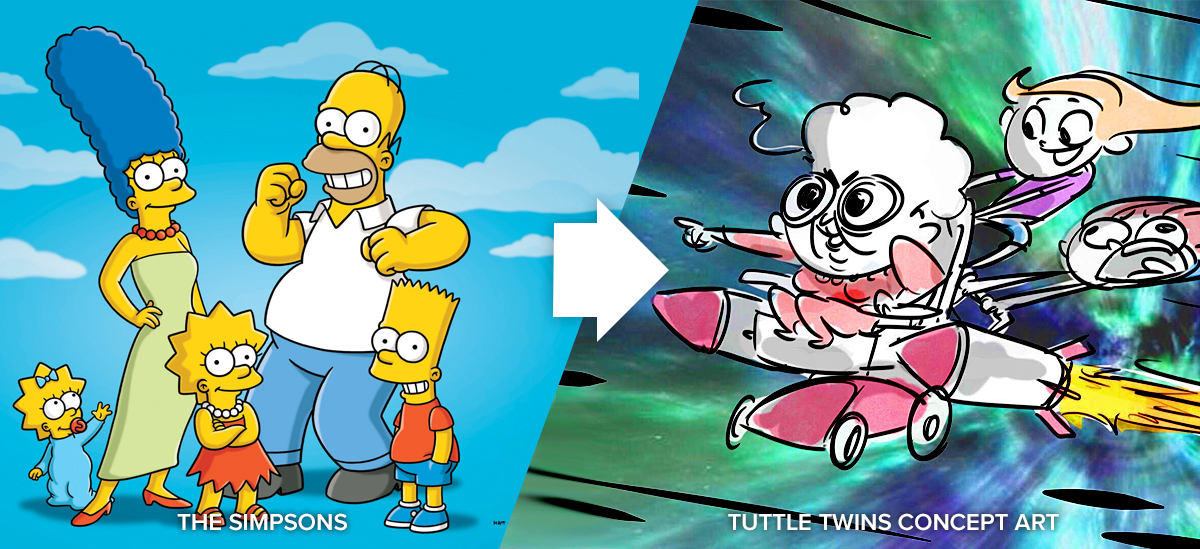 The Simpson family on the left, and the Tuttle Twins with Grandma on the right