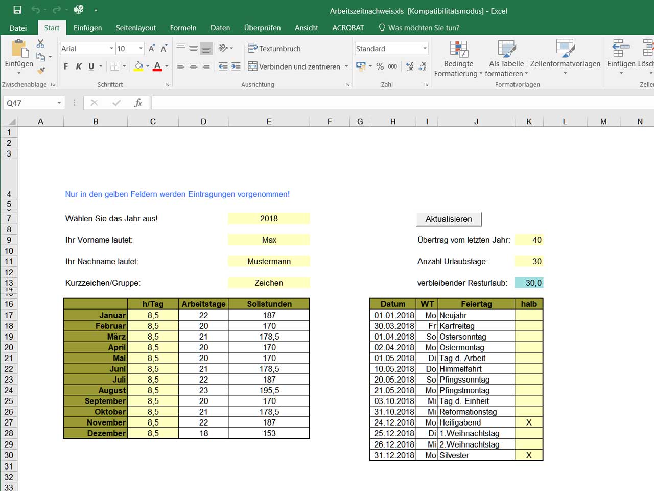 Zeitnachweis Mit Excel Vorlage Zeiterfassung Kostenlos