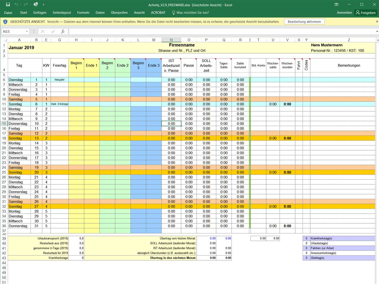 Arbeitszeitnachweis excel vorlage kostenlos 2020 ...