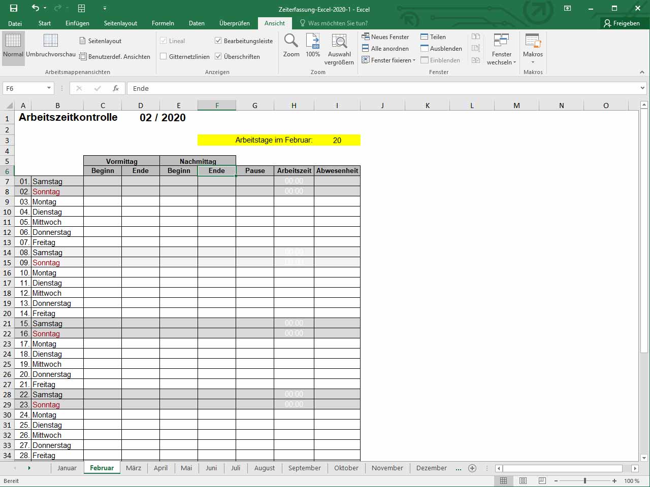 Zeiterfassung Excel Vorlage 2020 Zeiterfassung Kostenlos