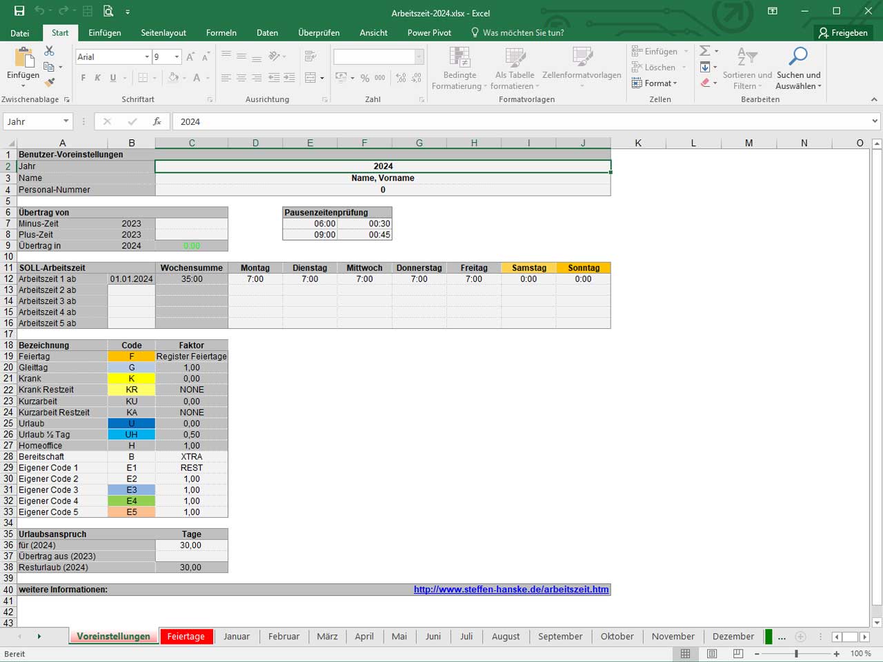 Zeiterfassung Excel Vorlage 2024 | Zeiterfassung Kostenlos