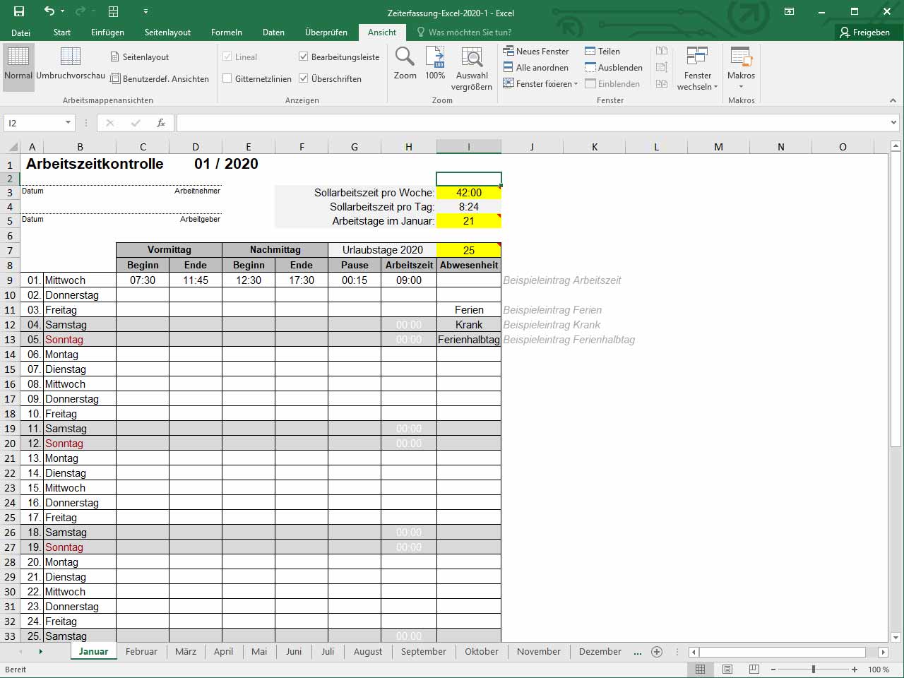 Zeiterfassung Excel Vorlage 2020 Zeiterfassung Kostenlos