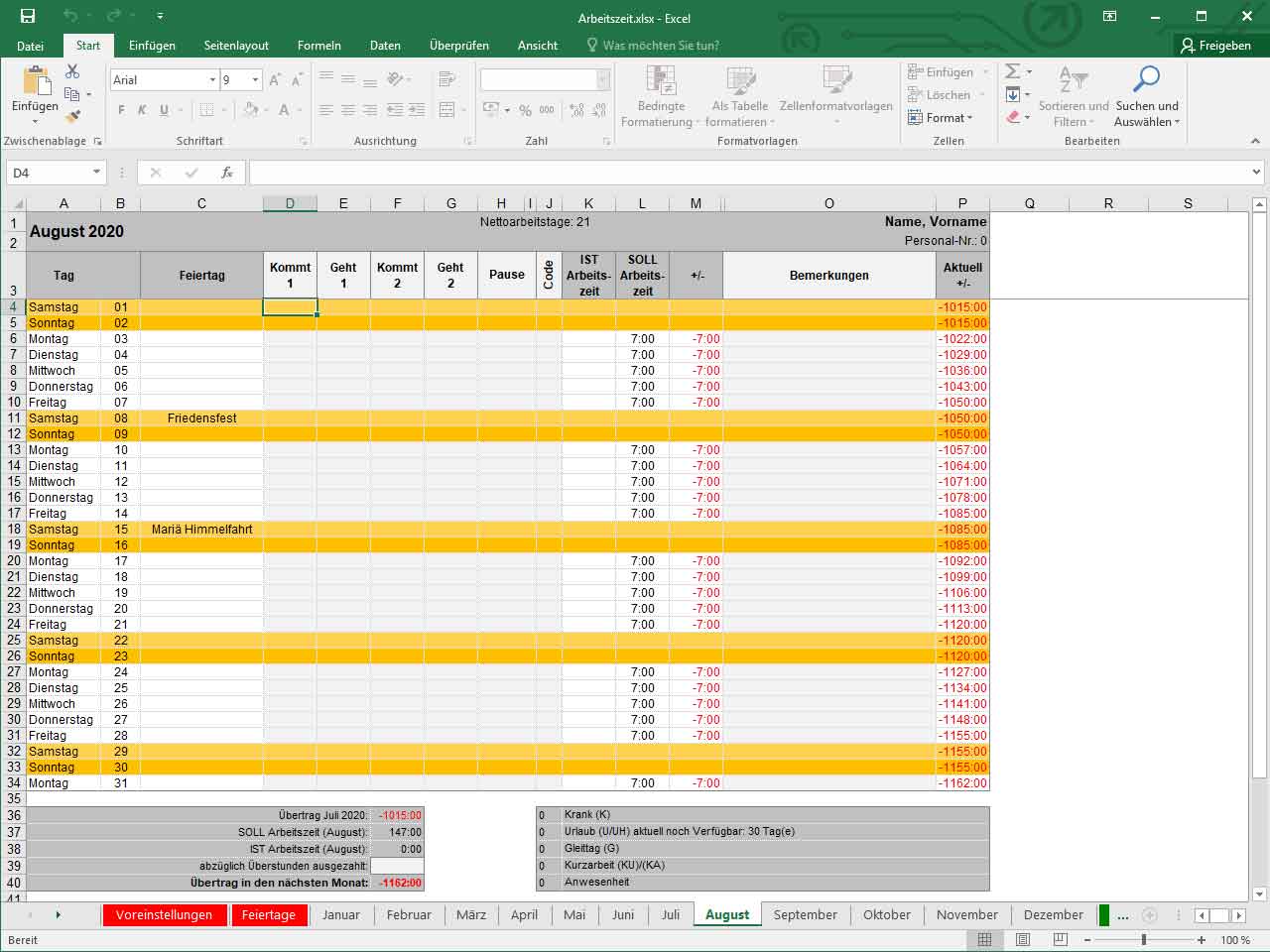 Excel Vorlagen Zeiterfassung Kostenlos