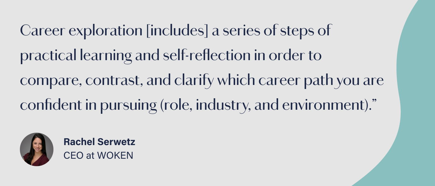 Career exploration is a process that is distinct from and a precursor to the job search, including a series of steps of practical learning and self-reflection in order to compare, contrast, and clarify which career path you are confident in pursuing (role, industry, and environment).