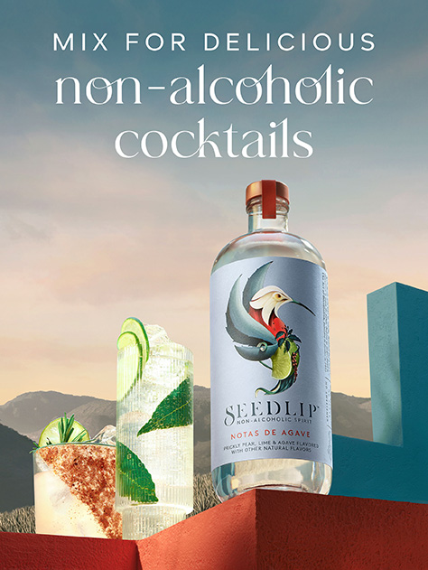 Seedlip non-alcoholic spirit bottle with two cocktails against a scenic mountain backdrop, promoting delicious non-alcoholic cocktails.