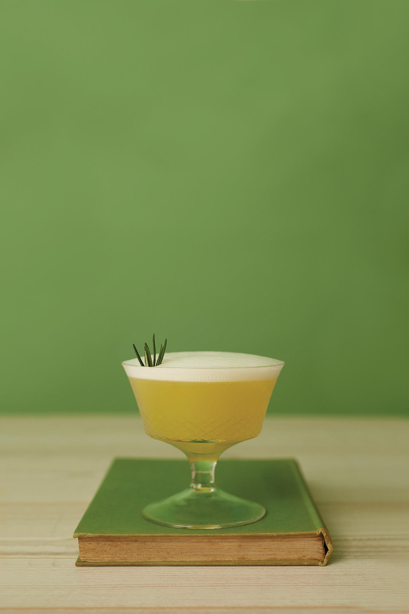 apple based Seedlip Garden 108 cocktail in a short wide glass, on top of a book with a green background